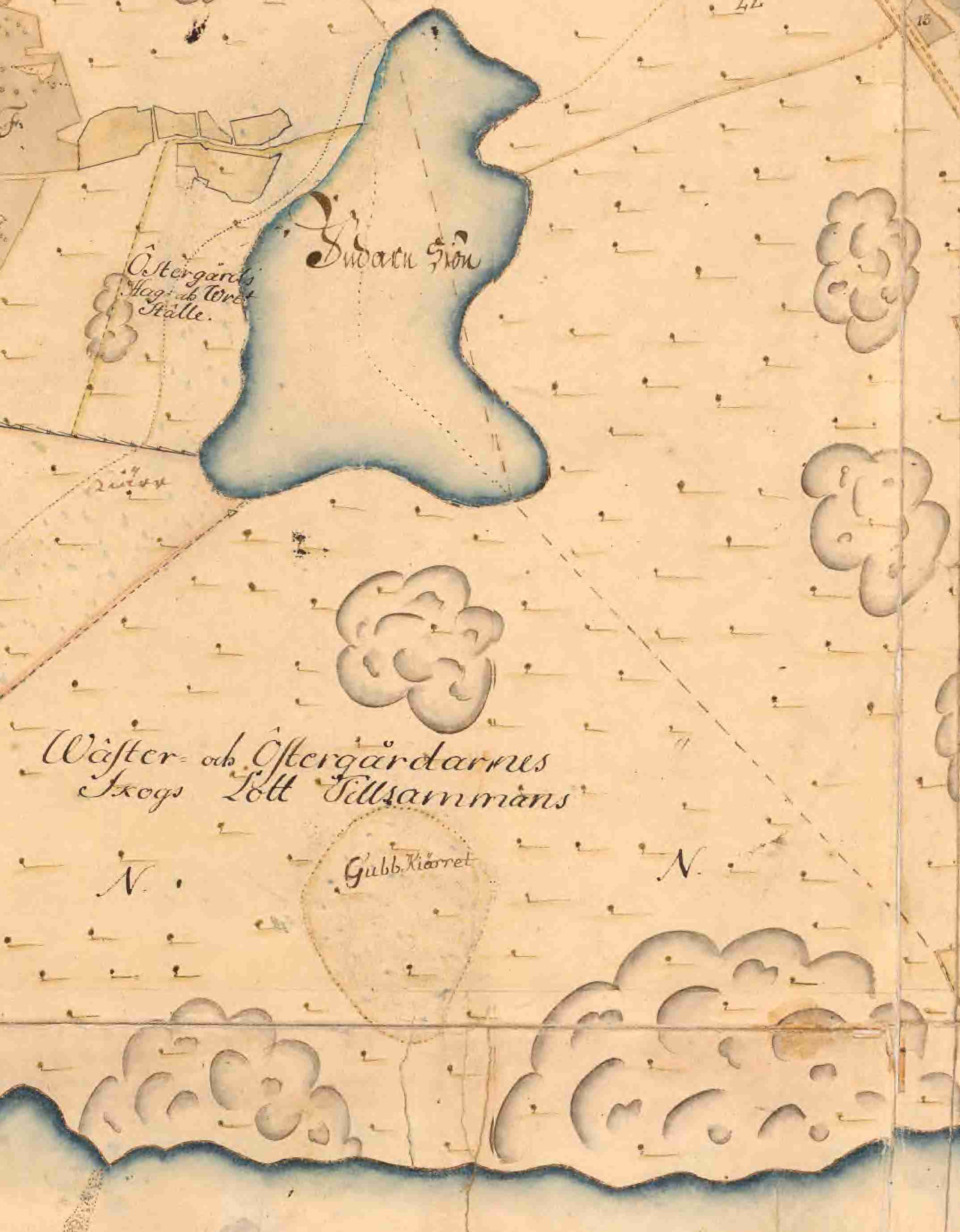 Utsnitt av karta från 1706 med namnet Gubbkärret.
